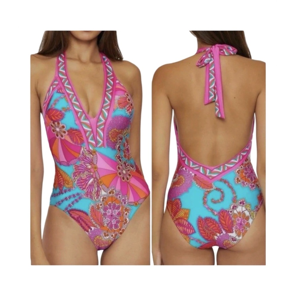 Trina Turk Meilani Border Plunge One Piece Swimsuit Size 12 NWT